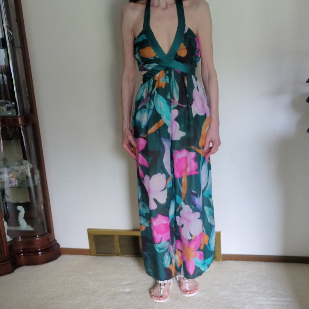 Anthropoligie lForal Halter Maxi Jumpsuit- Green and Pink
